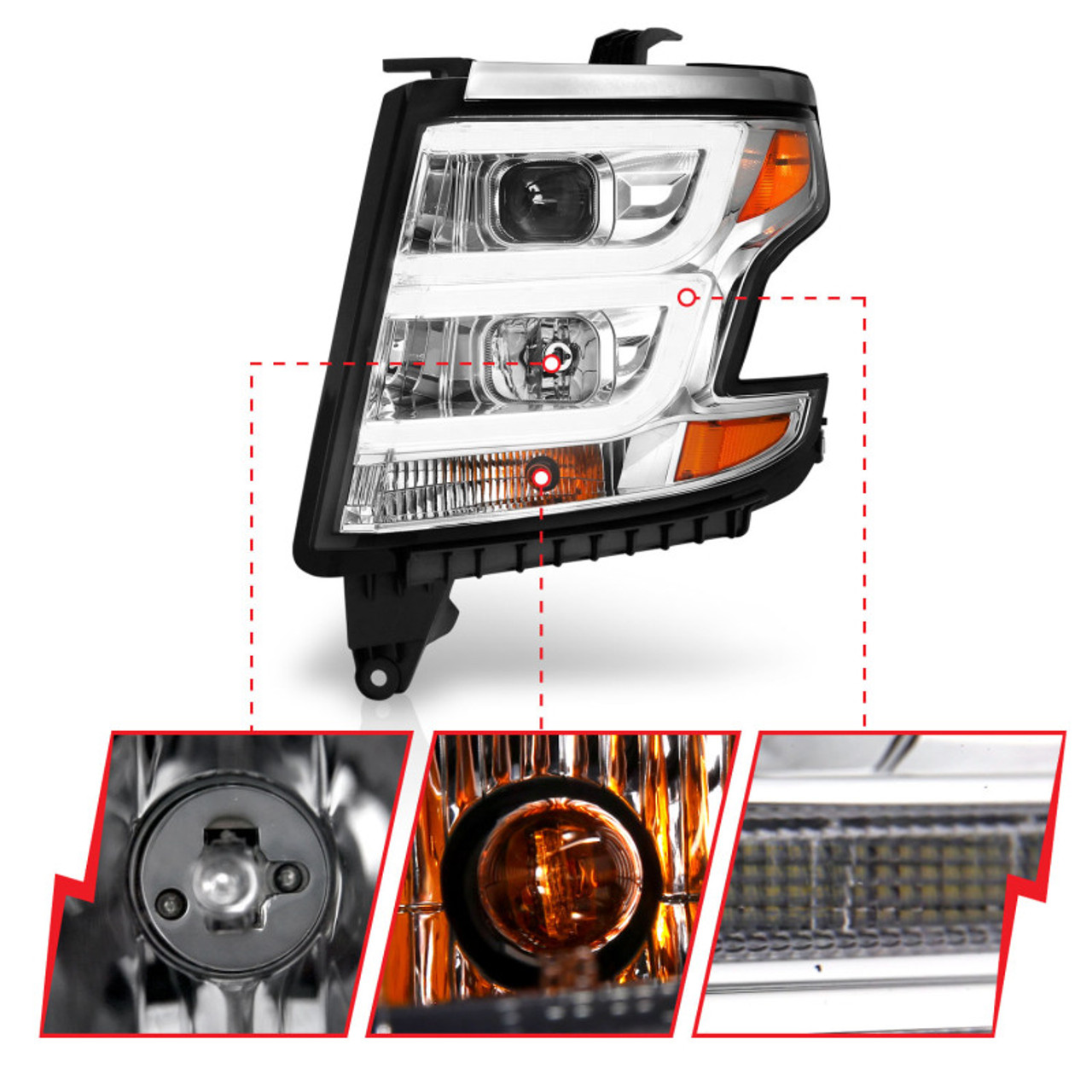 ANZO 2015-2020 Chevy Tahoe Projector Headlights Plank Style Chrome w/DRL - 111493