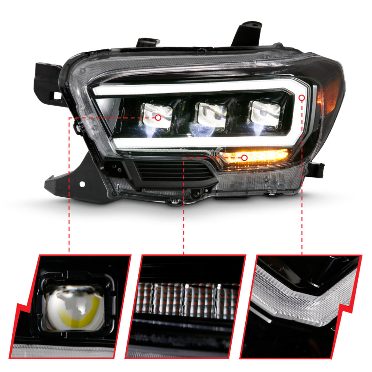 ANZO 2016-2018 Toyota Tacoma LED Projector Headlights Plank Style Black w/ Amber - 111496