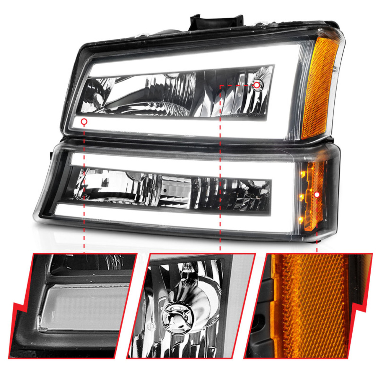 ANZO 2003-2006 Chevrolet Silverado 1500 Crystal Headlights w/ Light Bar Black Housing - 111501