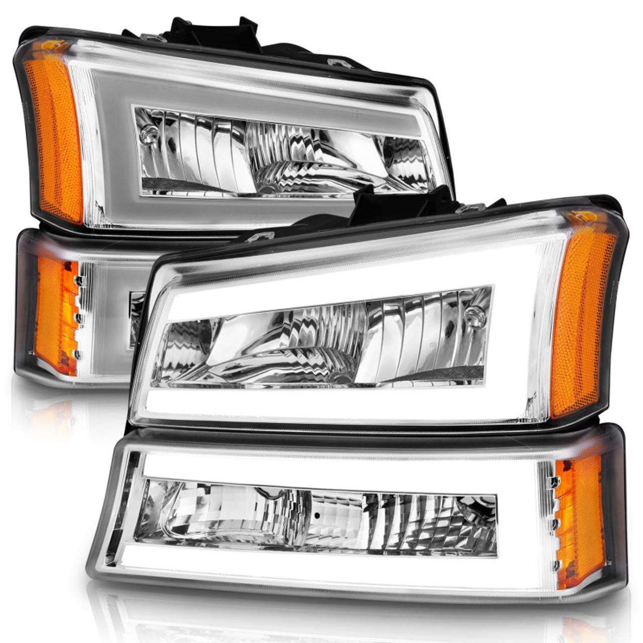 ANZO 2003-2006 Chevrolet Silverado 1500 Crystal Headlights w/ Light Bar Chrome Housing - 111502
