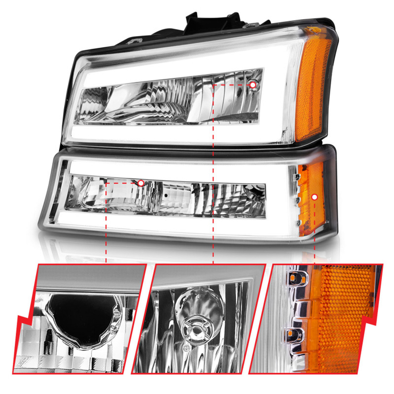 ANZO 2003-2006 Chevrolet Silverado 1500 Crystal Headlights w/ Light Bar Chrome Housing - 111502