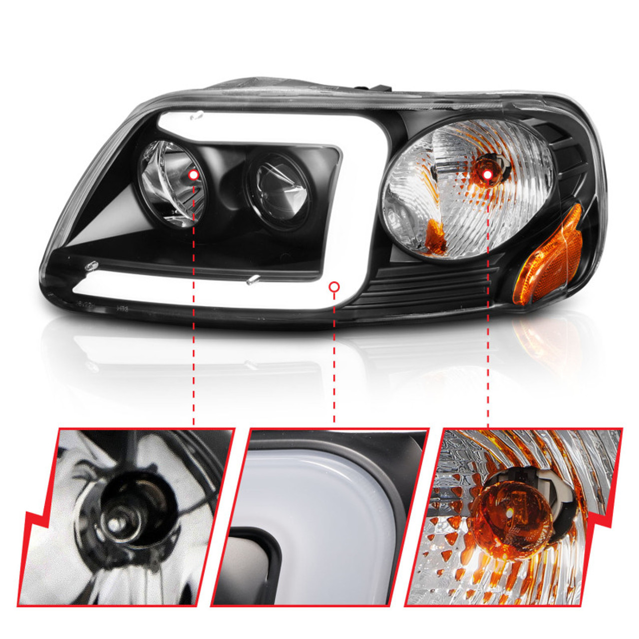 ANZO 1997-2003 Ford F-150 Projector Headlights w/ Light Bar Black Housing - 111503