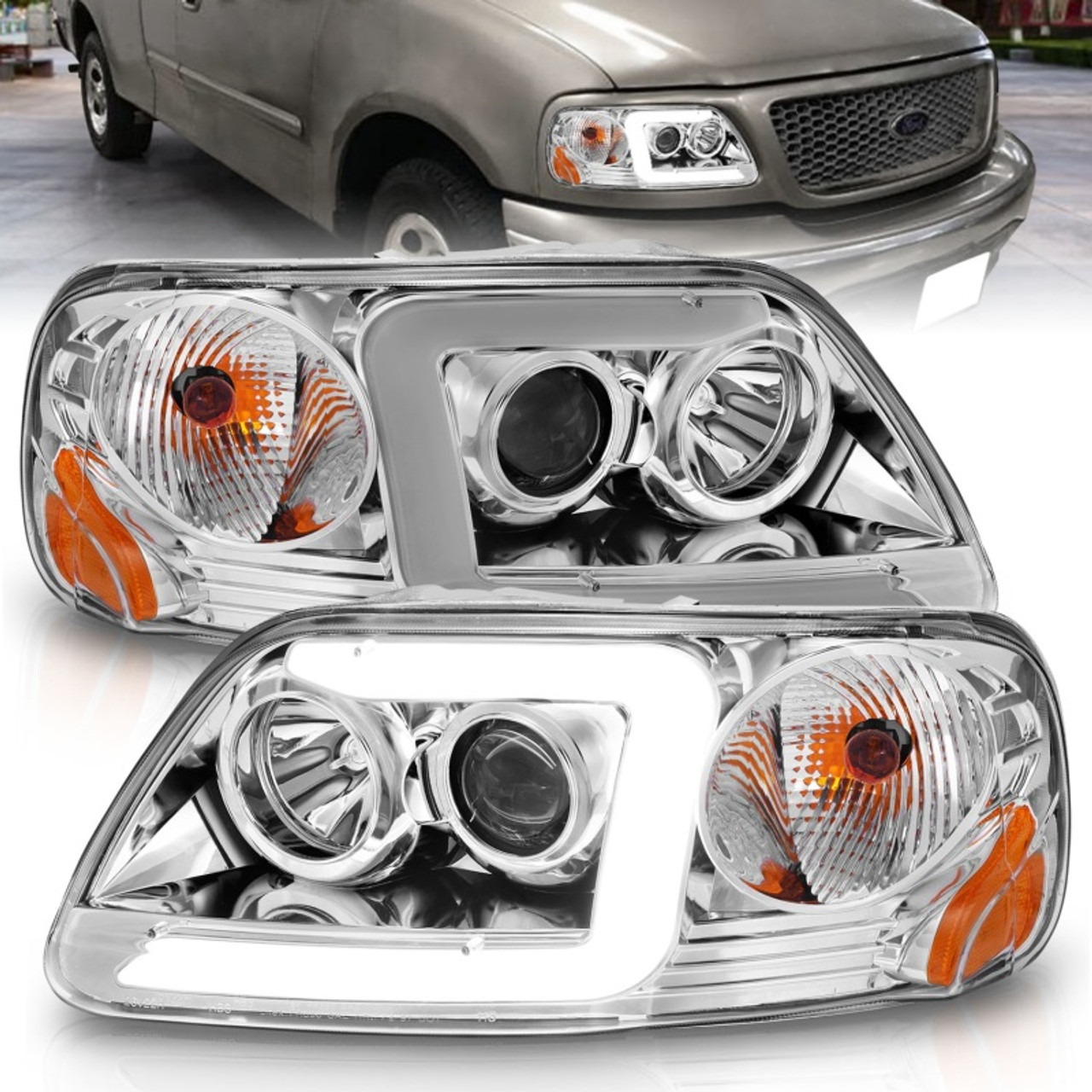 ANZO 1997-2003 Ford F-150 Projector Headlights w/ Light Bar Chrome Housing - 111504