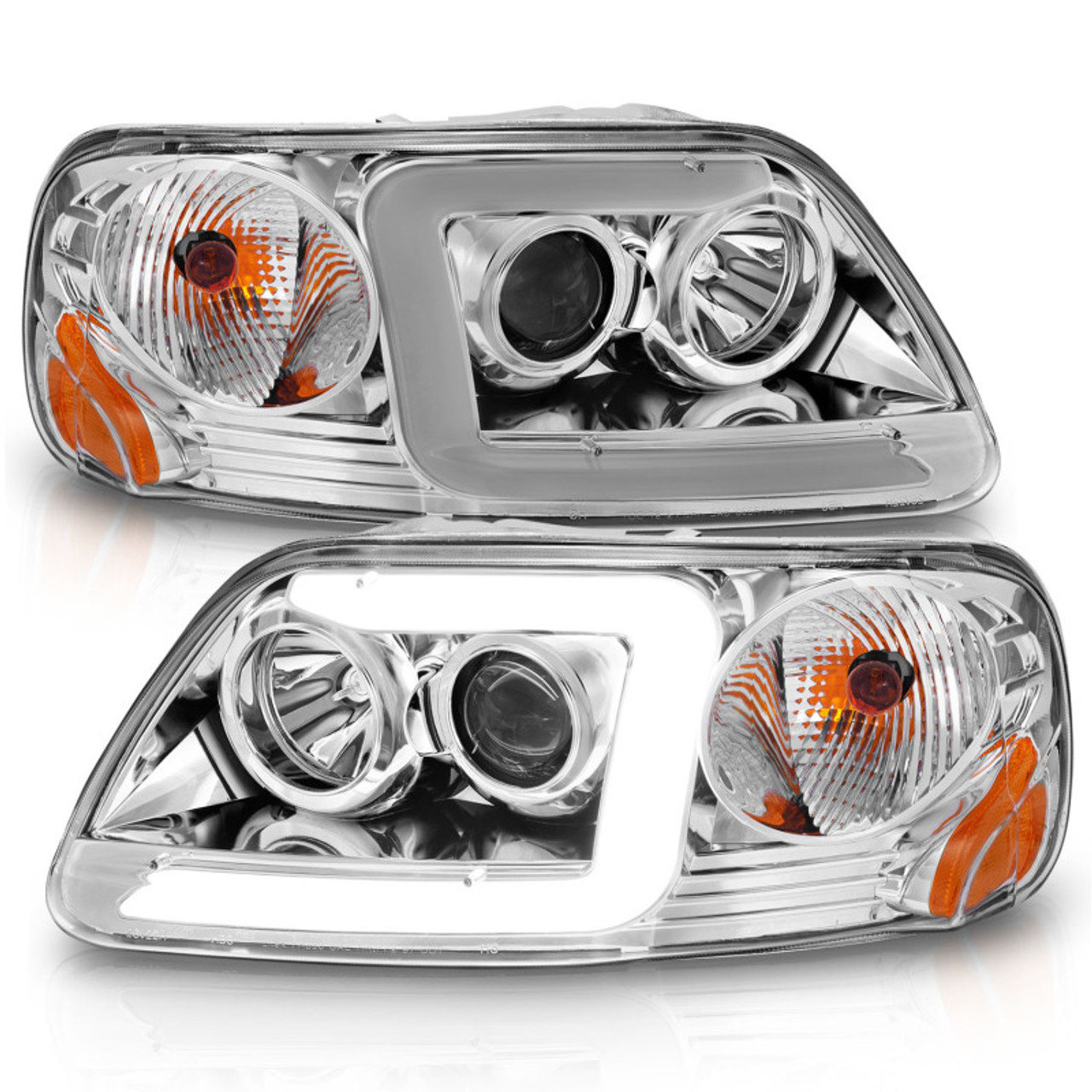 ANZO 1997-2003 Ford F-150 Projector Headlights w/ Light Bar Chrome Housing - 111504