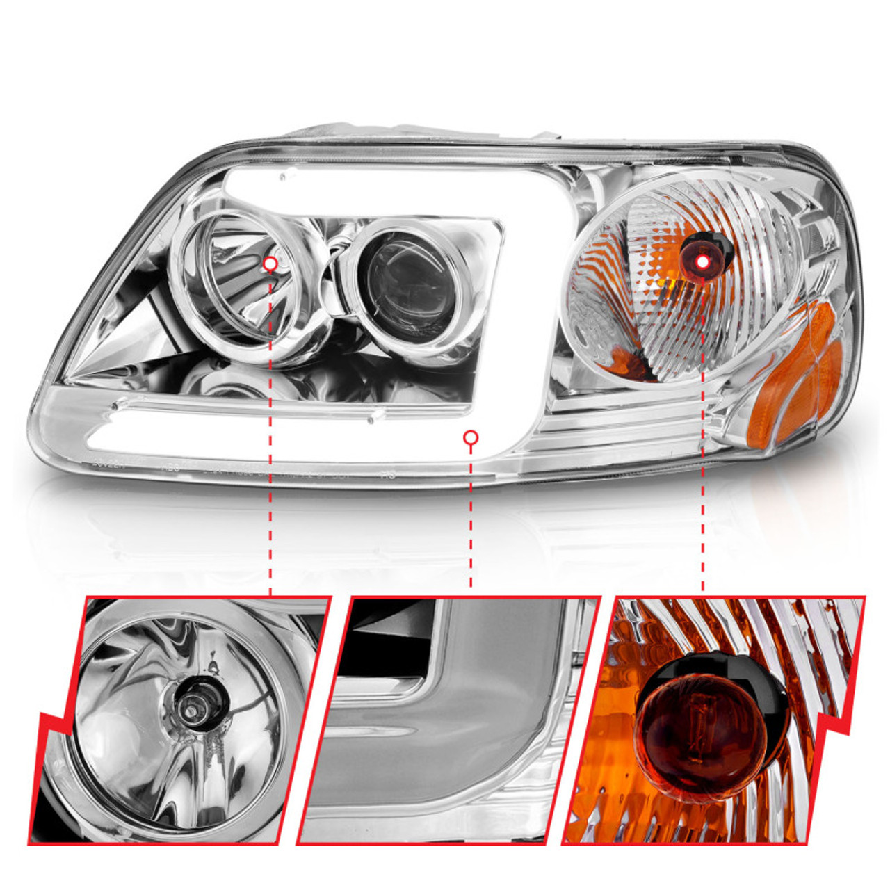ANZO 1997-2003 Ford F-150 Projector Headlights w/ Light Bar Chrome Housing - 111504