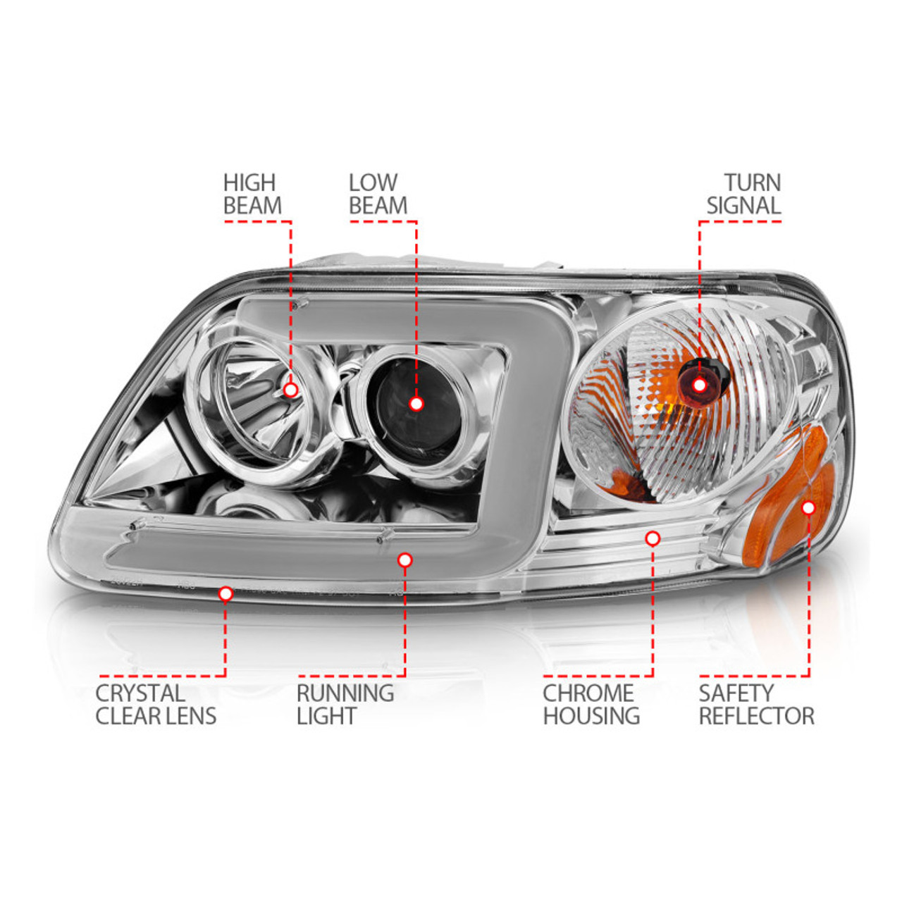 ANZO 1997-2003 Ford F-150 Projector Headlights w/ Light Bar Chrome Housing - 111504