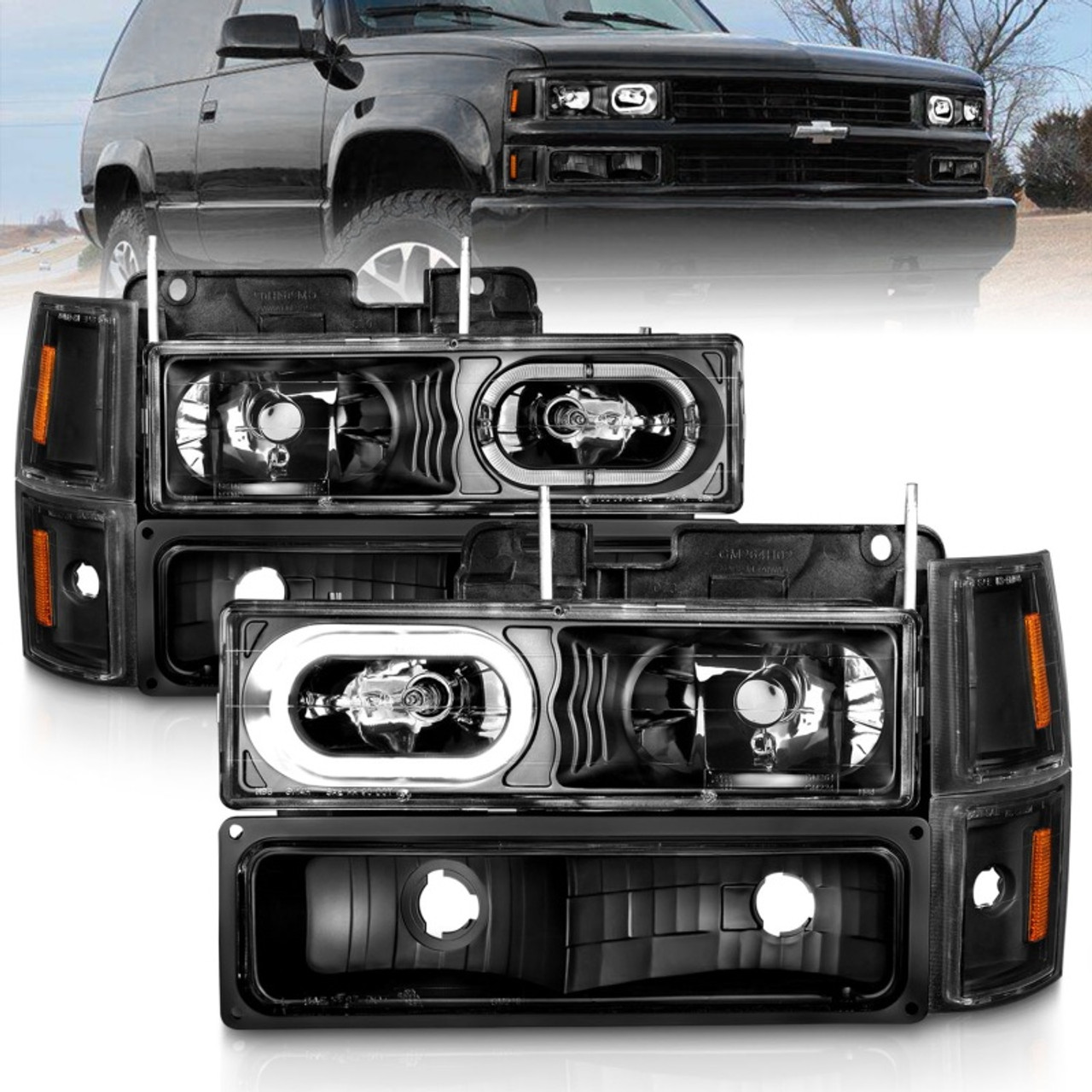 ANZO 88-98 Chevrolet C1500 Crystal Headlights Black Housing w/ Signal and Side Marker Lights - 111507