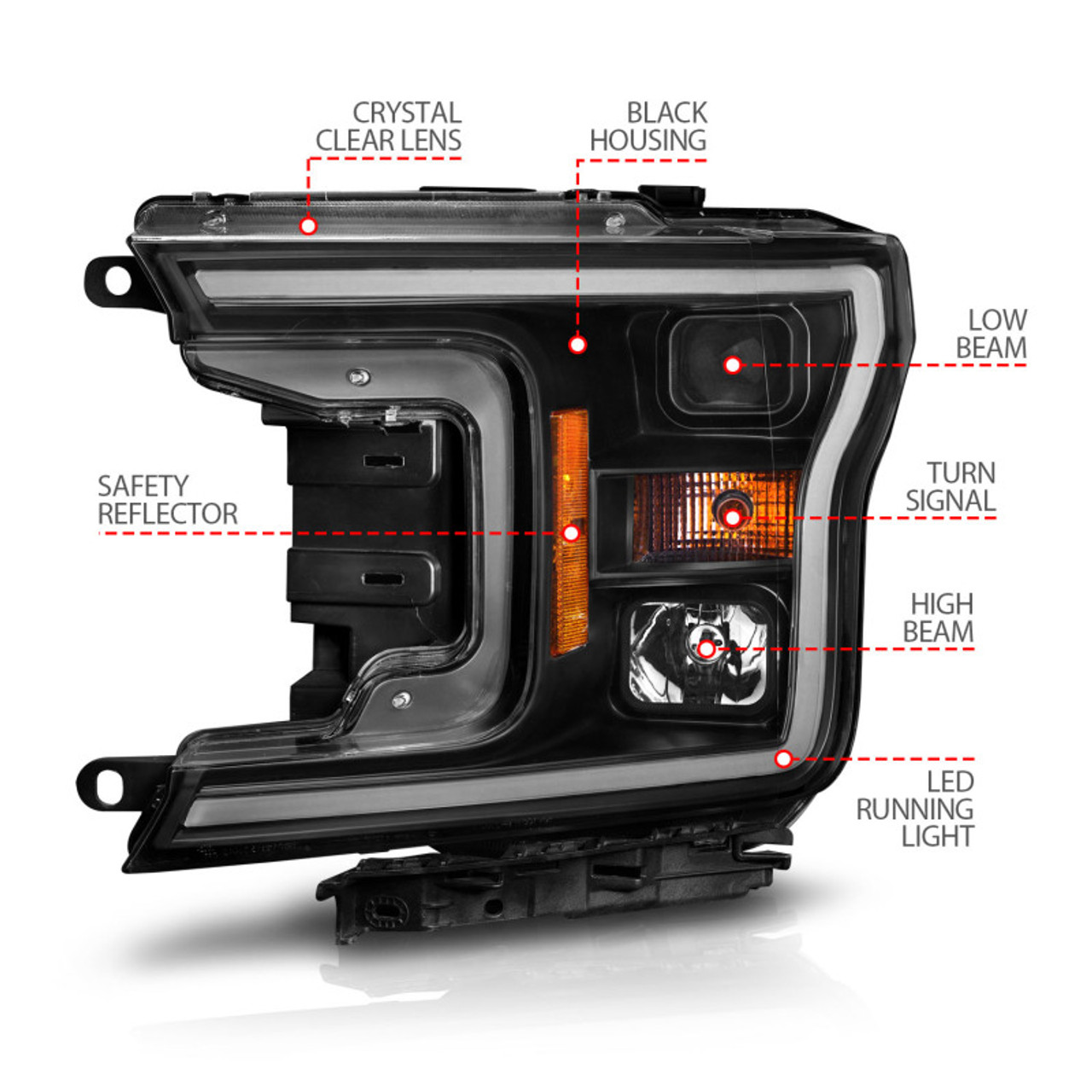 ANZO 2018-2020 Ford F-150 Projector Headlight w/ Plank Style Switchback Black Housing - 111509