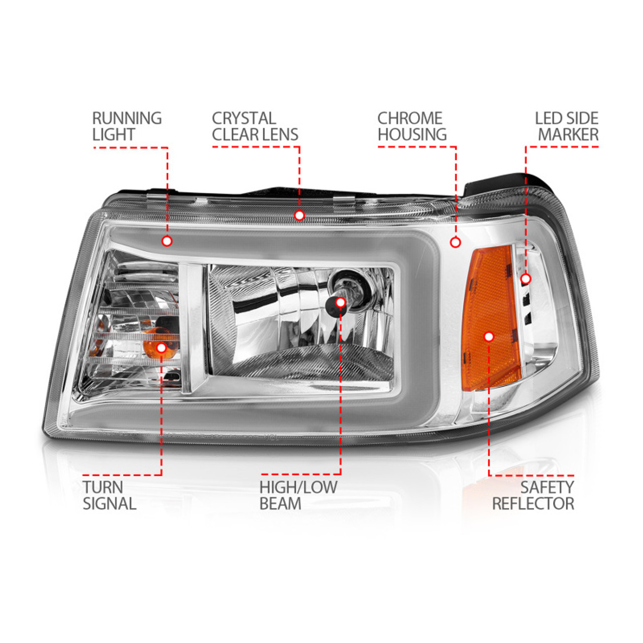 ANZO 2001-2011 Ford Ranger Crystal Headlights w/ Light Bar Chrome Housing - 111512