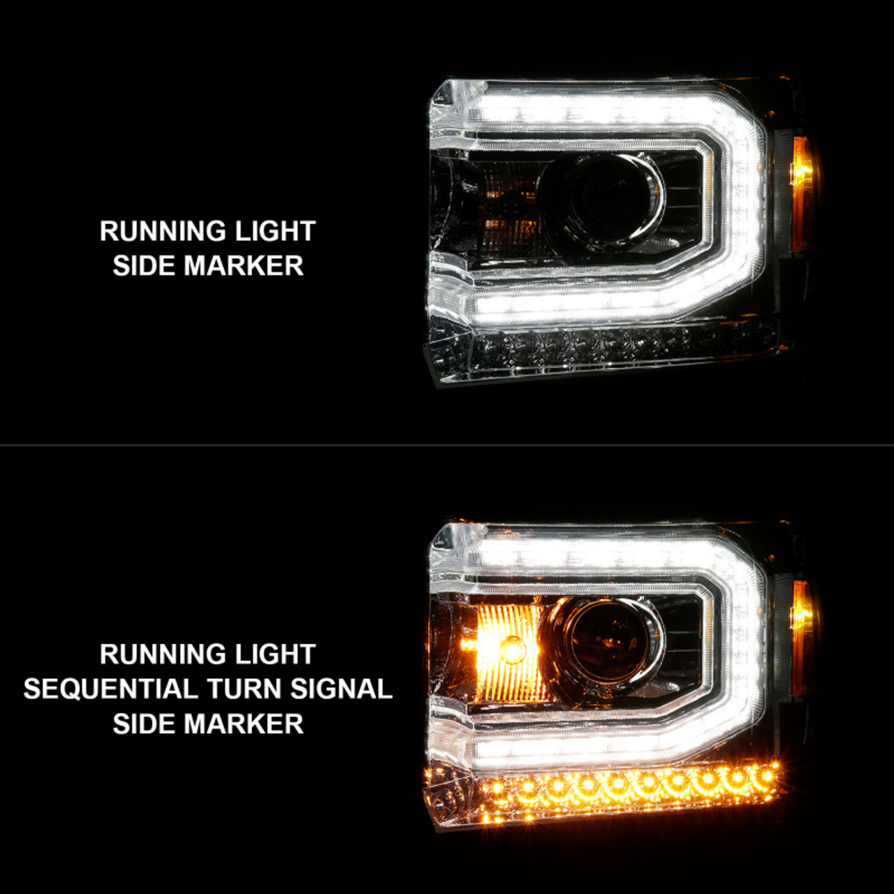 ANZO 2014-2015 Gmc Sierra 1500 Projector Headlights w/ Light Bar Chrome Housing (Halogen Type) - 111514