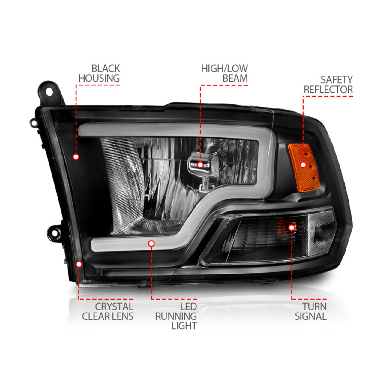 ANZO 2009-2018 Dodge Ram 1500 Crystal Headlights w/ Light Bar Black Housing - 111515