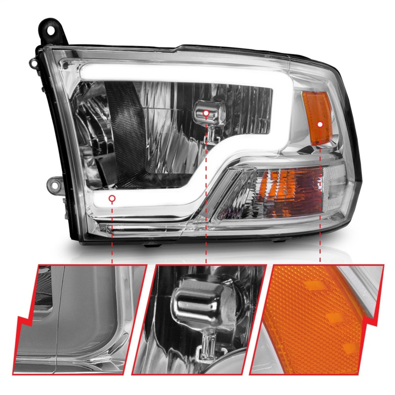 ANZO 2009-2018 Dodge Ram 1500/ 2500/ 3500 Crystal Headlights w/ Light Bar Chrome Housing - 111516