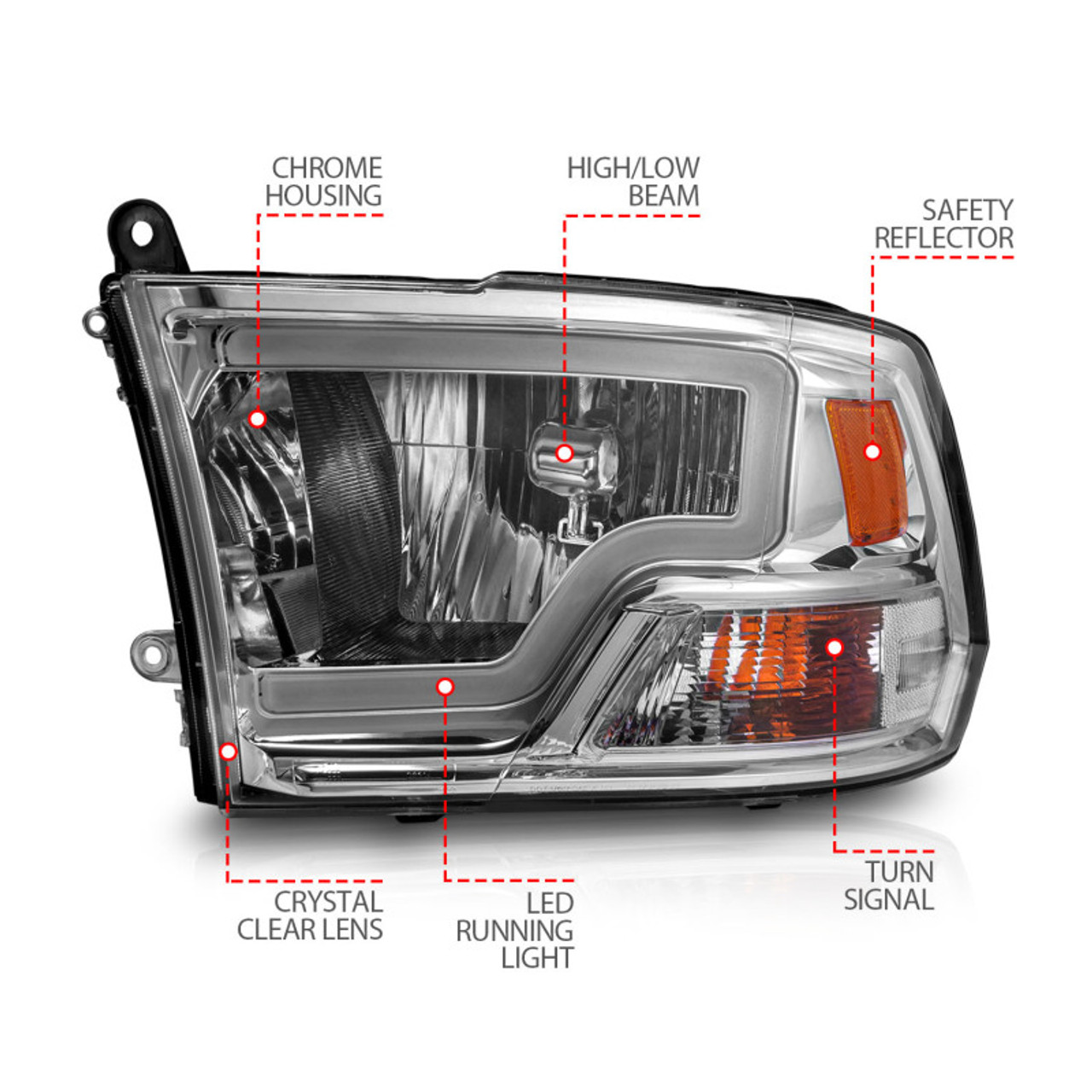 ANZO 2009-2018 Dodge Ram 1500/ 2500/ 3500 Crystal Headlights w/ Light Bar Chrome Housing - 111516