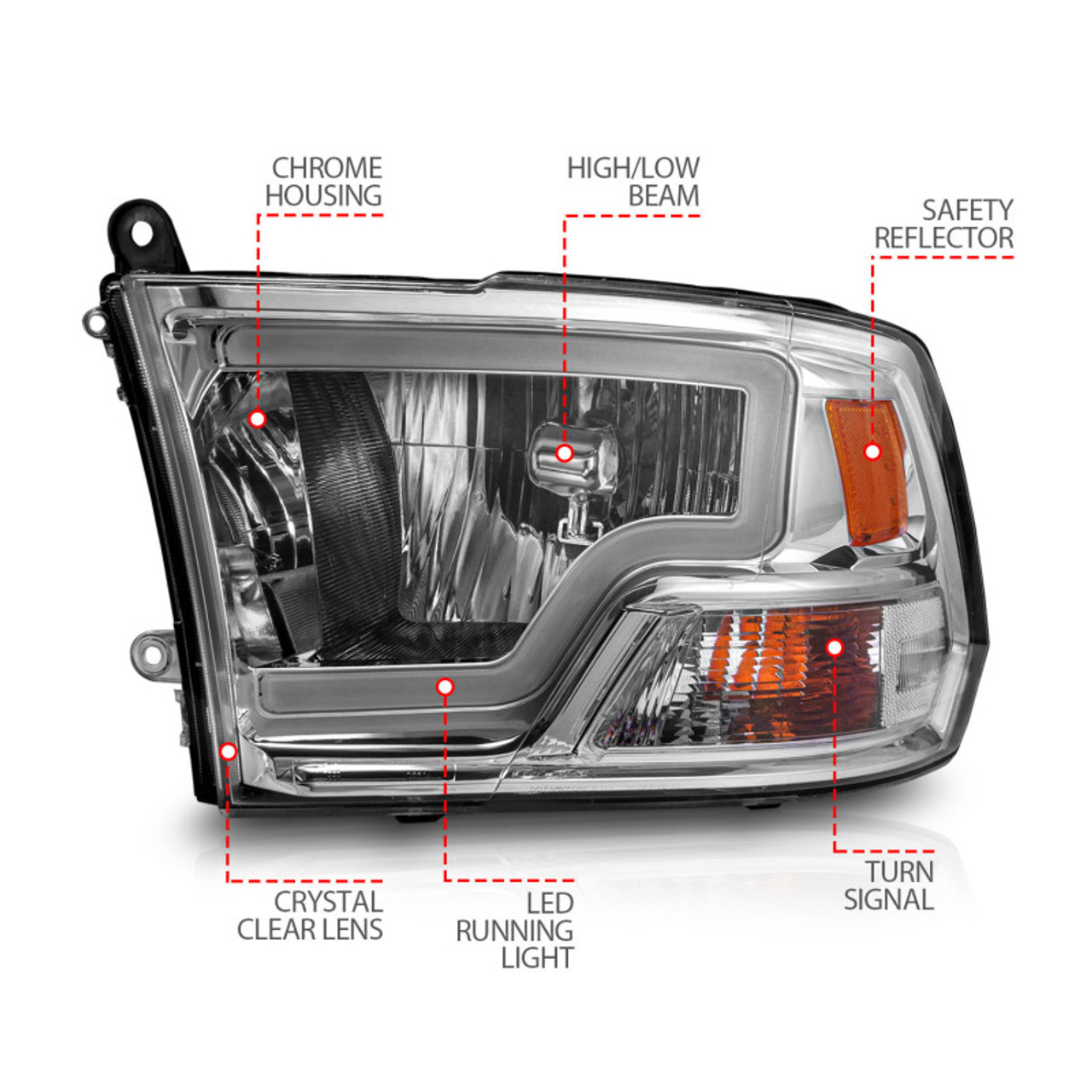 ANZO 2009-2018 Dodge Ram 1500/ 2500/ 3500 Crystal Headlights w/ Light Bar Chrome Housing - 111516
