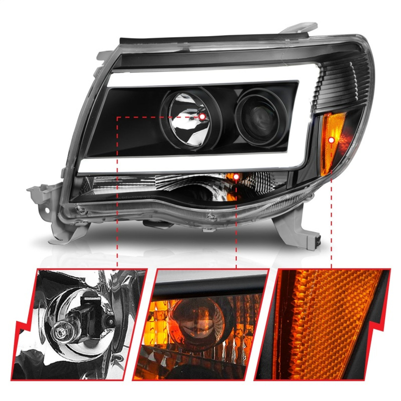 ANZO 05-09 Toyota Tacoma Projector Light Bar Style Headlights w/ C Light Bar - 111517