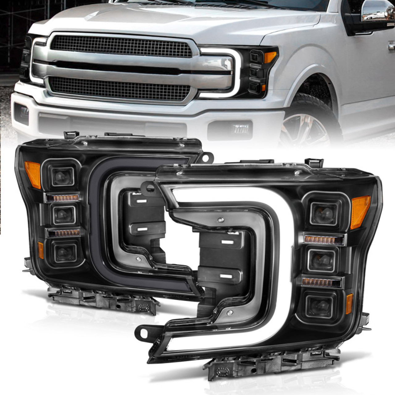 Anzo 18-20 Ford F-150 Full Led Projector Smoke Bar Style Headlights Black Amber - 111520