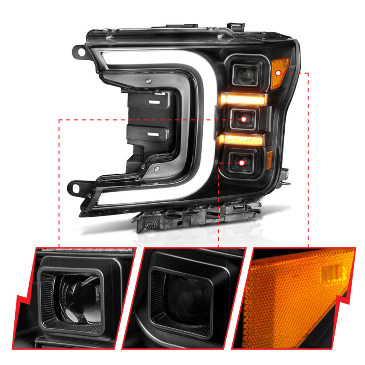 Anzo 18-20 Ford F-150 Full Led Projector Smoke Bar Style Headlights Black Amber - 111520