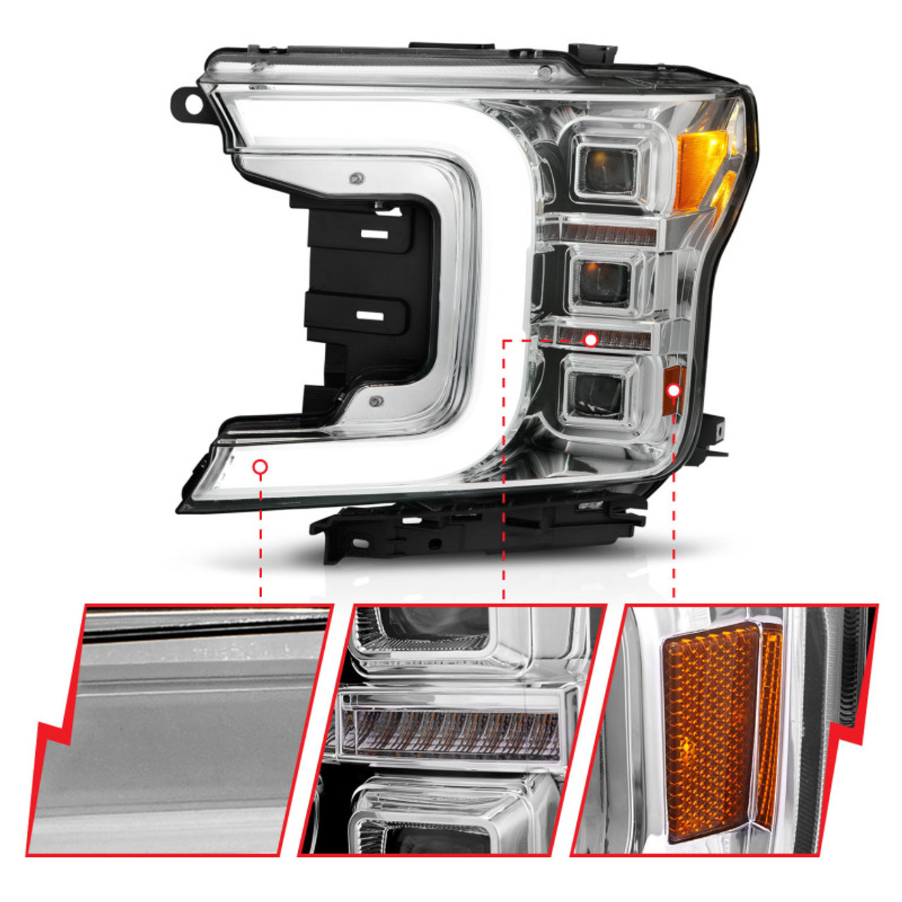 Anzo 18-20 Ford F-150 Full Led Projector Light Bar Style Headlights - Chrome Amber - 111521