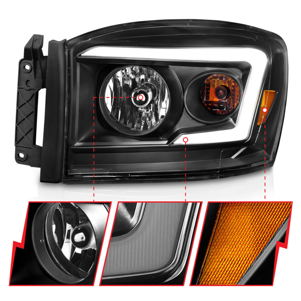Anzo 06-09 Dodge RAM 1500/2500/3500 Headlights Black Housing/Clear Lens (w/ Light Bars) - 111524