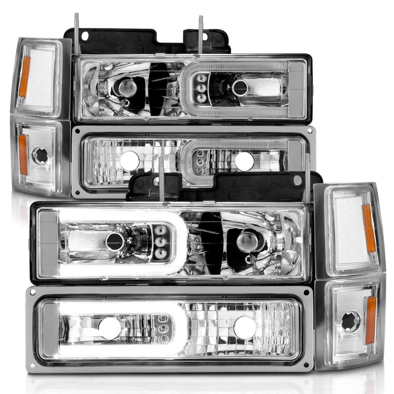 ANZO 88-98 Chevrolet C1500 Crystal Headlights w/Light Bar Chrome Housing w/ Signal Side Markers 8Pcs - 111529