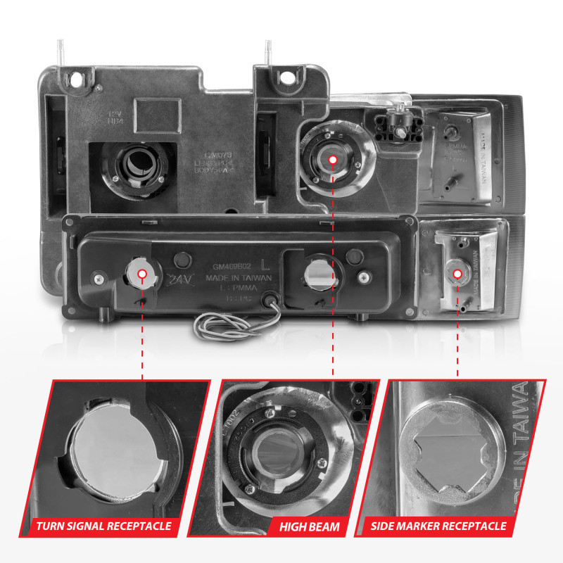 ANZO 88-98 Chevrolet C1500 Crystal Headlights w/Light Bar Chrome Housing w/ Signal Side Markers 8Pcs - 111529