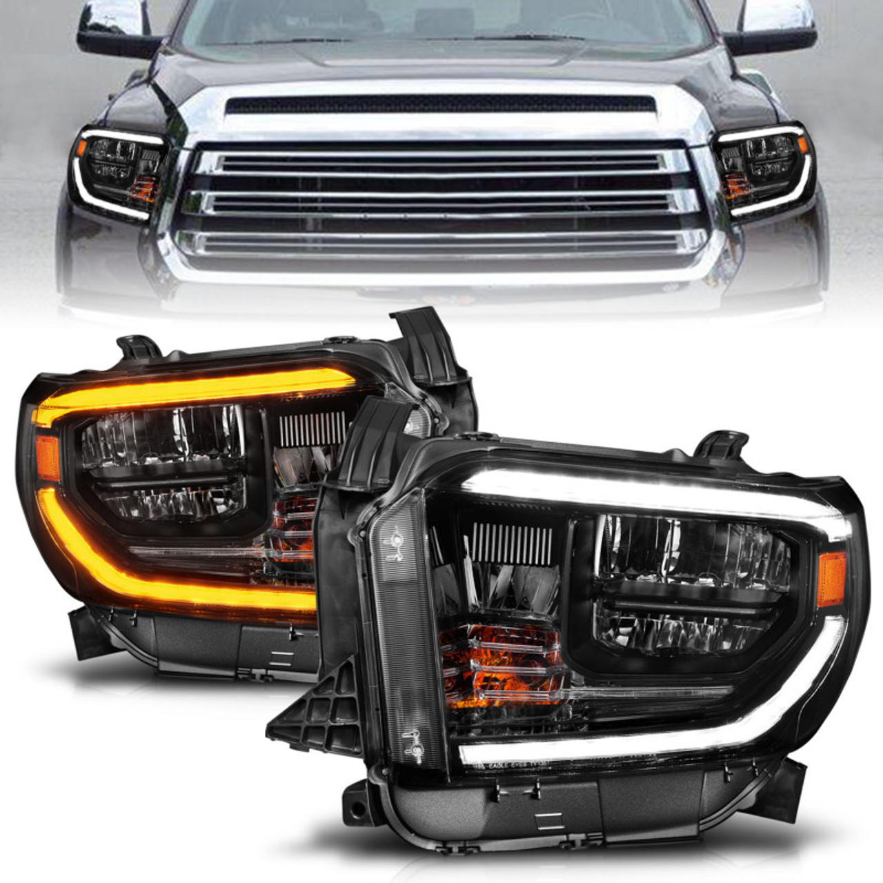 ANZO 14-21 Toyota Tundra (OE Halogen w/LED DRL) LED Crystal Headlights w/ Switchback & DRL - Blk - 111533