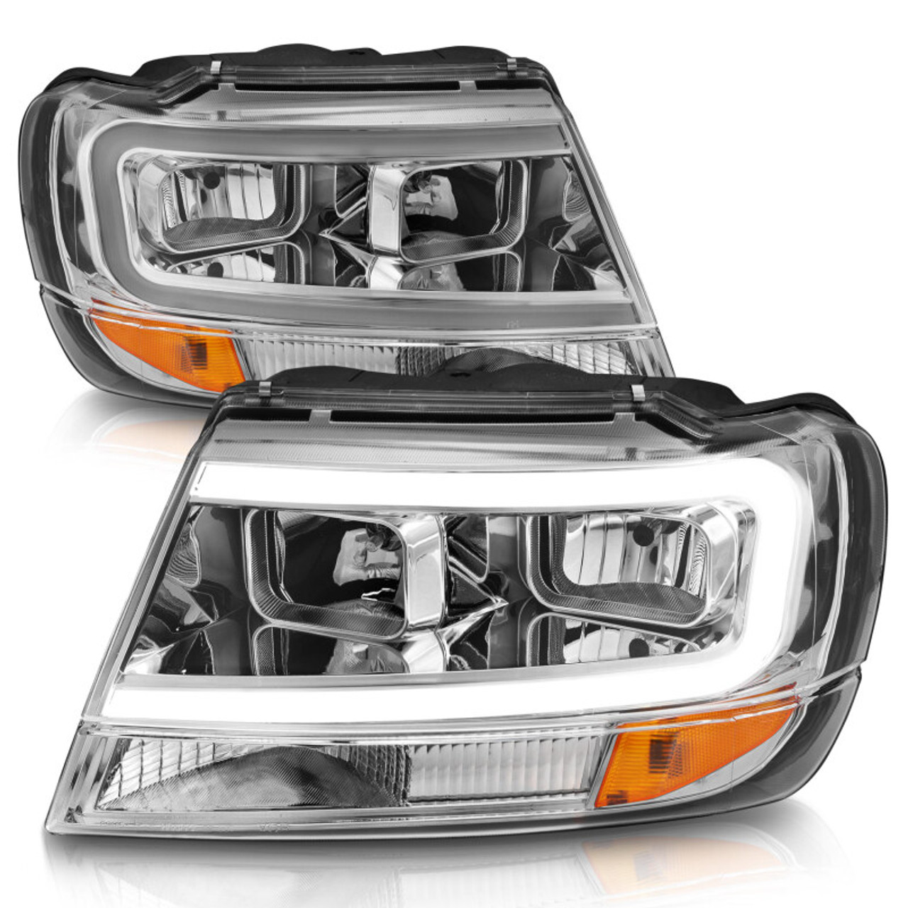 ANZO 1999-2004 Jeep Grand Cherokee Crystal Headlights w/ Light Bar Chrome Housing - 111538