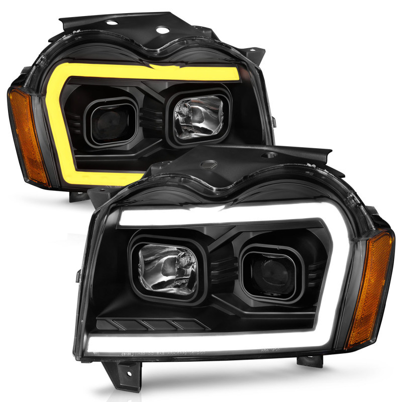 ANZO 2005-2007 Jeep Grand Cherokee Projector Headlights w/ Light Bar Switchback Black Housing - 111543