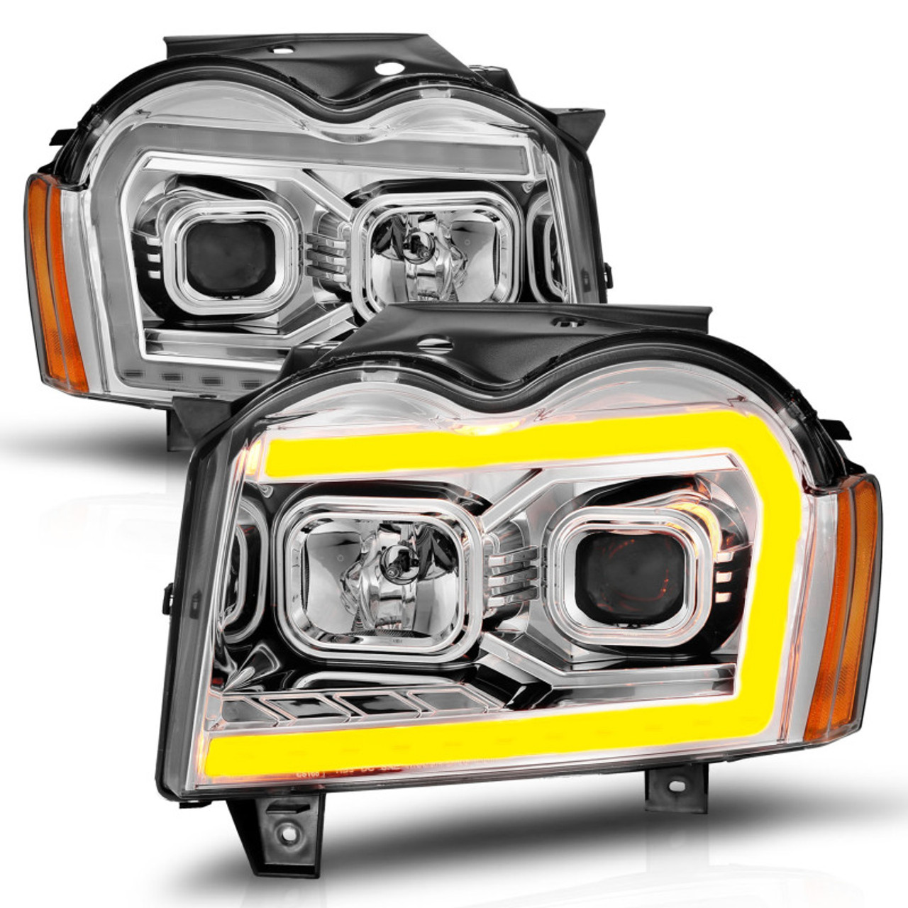ANZO 05-07 Jeep Grand Cherokee Projector Headlights - w/ Light Bar Switchback Chrome Housing - 111544