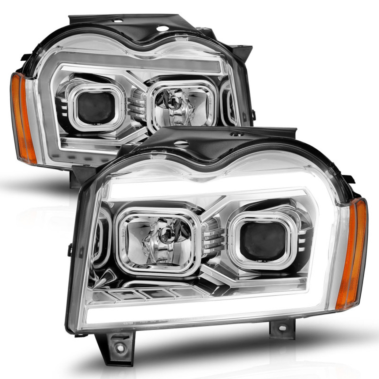 ANZO 05-07 Jeep Grand Cherokee Projector Headlights - w/ Light Bar Switchback Chrome Housing - 111544