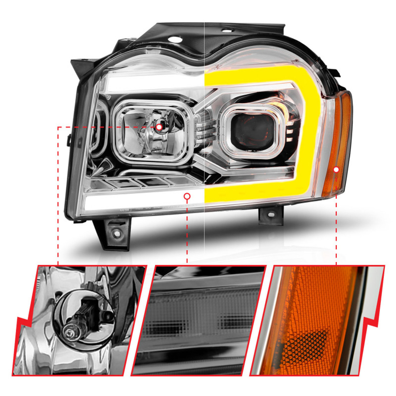 ANZO 05-07 Jeep Grand Cherokee Projector Headlights - w/ Light Bar Switchback Chrome Housing - 111544