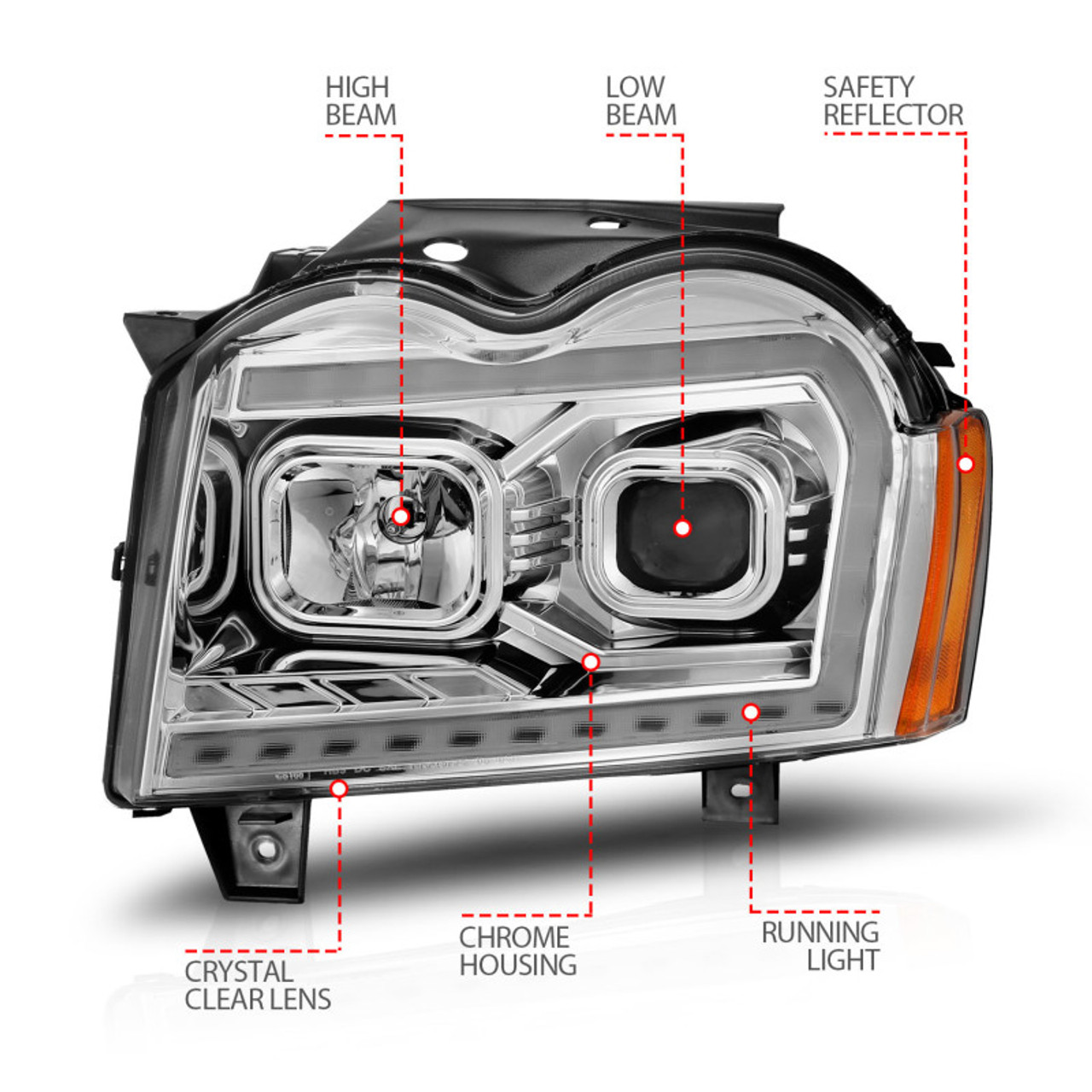 ANZO 05-07 Jeep Grand Cherokee Projector Headlights - w/ Light Bar Switchback Chrome Housing - 111544
