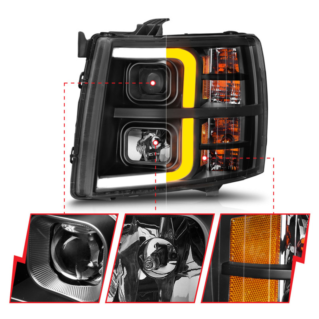 ANZO 2007-2013 Chevrolet Silverado 1500 Projector w/ Light Bar Black Housing w/ Sequential - 111545