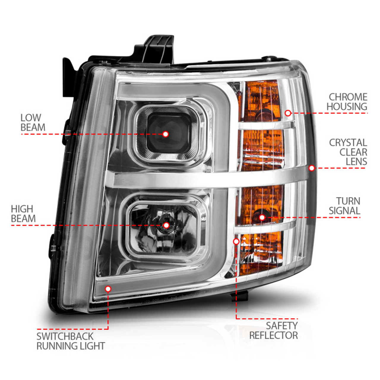 ANZO 2007-2013 Chevrolet Silverado 1500 Projector w/ Light Bar Chrome Housing w/ Sequential - 111546
