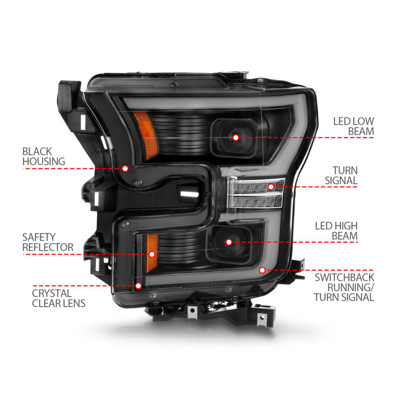ANZO 15-17 Ford F-150 LED Projector Headlights - w/ Light Bar Switchback Black Housing - 111547