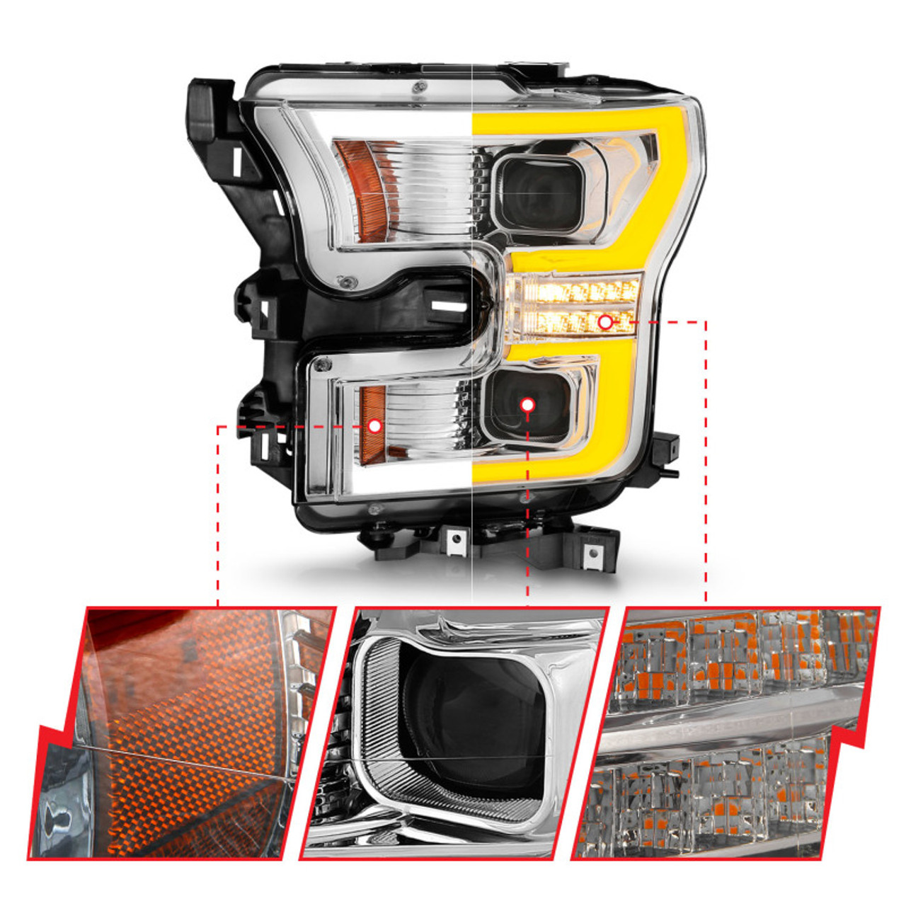 ANZO 15-17 Ford F-150 LED Projector Headlights - w/ Light Bar Switchback Chrome Housing - 111548