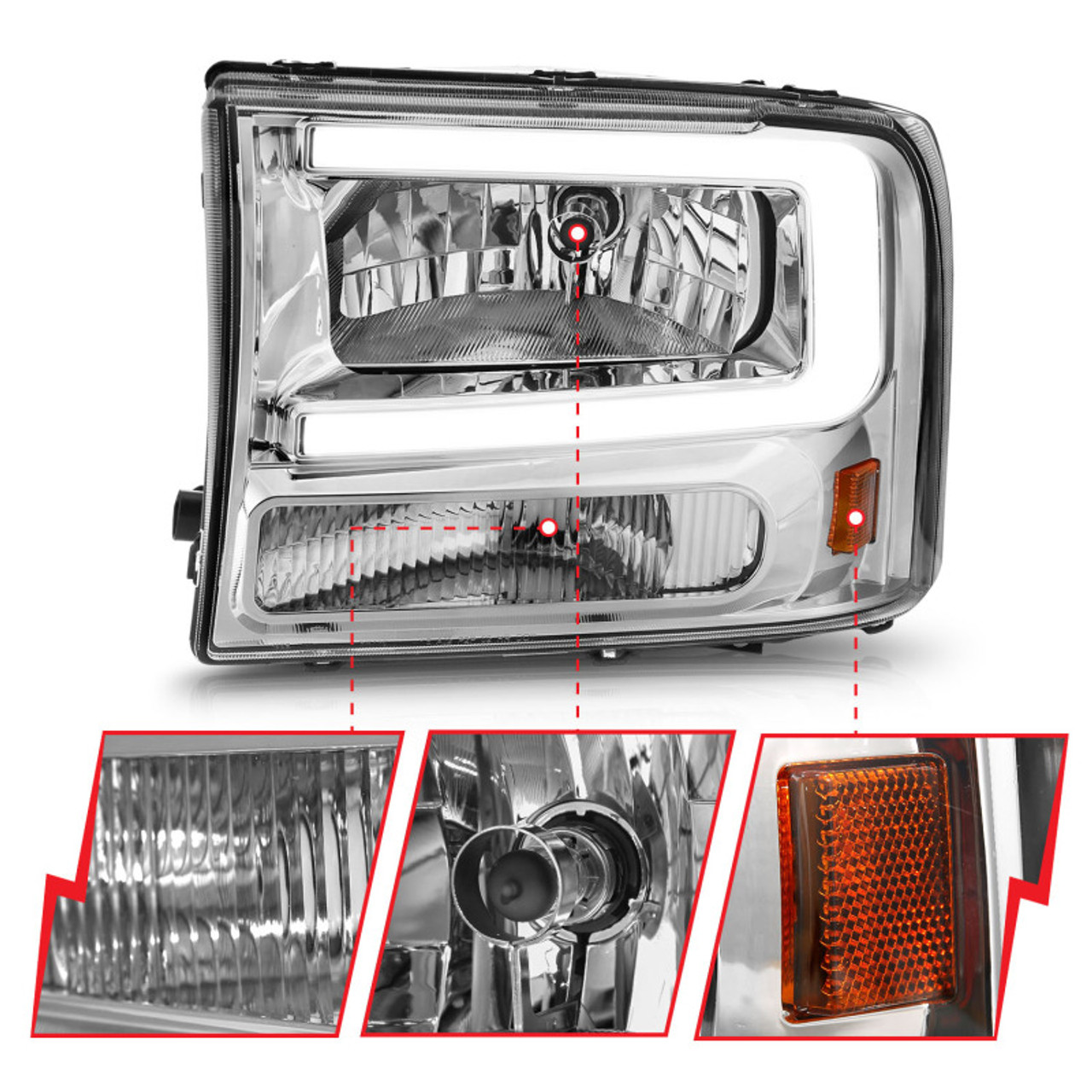 ANZO 99-04 Ford F250/F350/F450/Excursion (excl. 99) Crystal Headlights - w/ Light Bar Chrome Housing - 111550