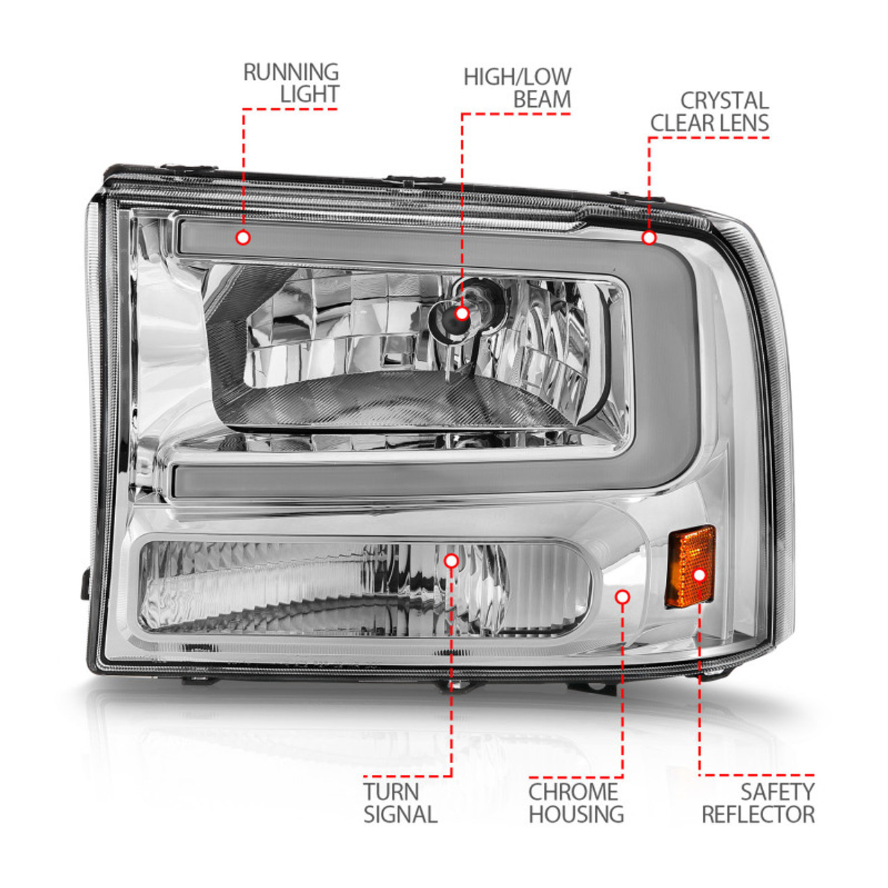 ANZO 99-04 Ford F250/F350/F450/Excursion (excl. 99) Crystal Headlights - w/ Light Bar Chrome Housing - 111550