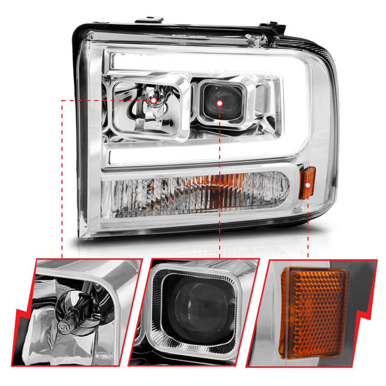 ANZO 99-04 Ford F250/F350/F450/Excursion (excl 99) Projector Headlights - w/Light Bar Chrome Housing - 111552