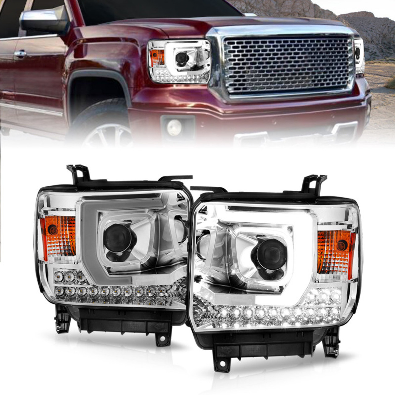 ANZO 14-15 GMC Sierra 1500/2500HD/3500HD Plank Style Projector Headlight - Chrome Housing - 111553