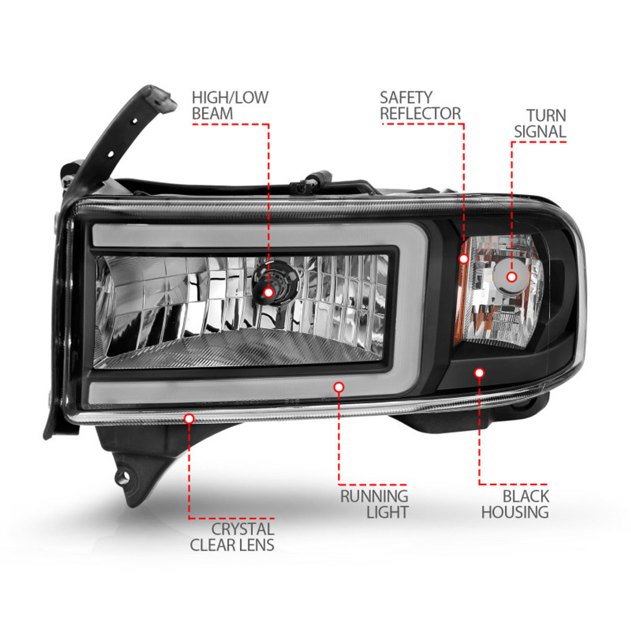 ANZO 94-02 Dodge RAM Crystal Headlight - w/ Light Bar Black Housing - 111554