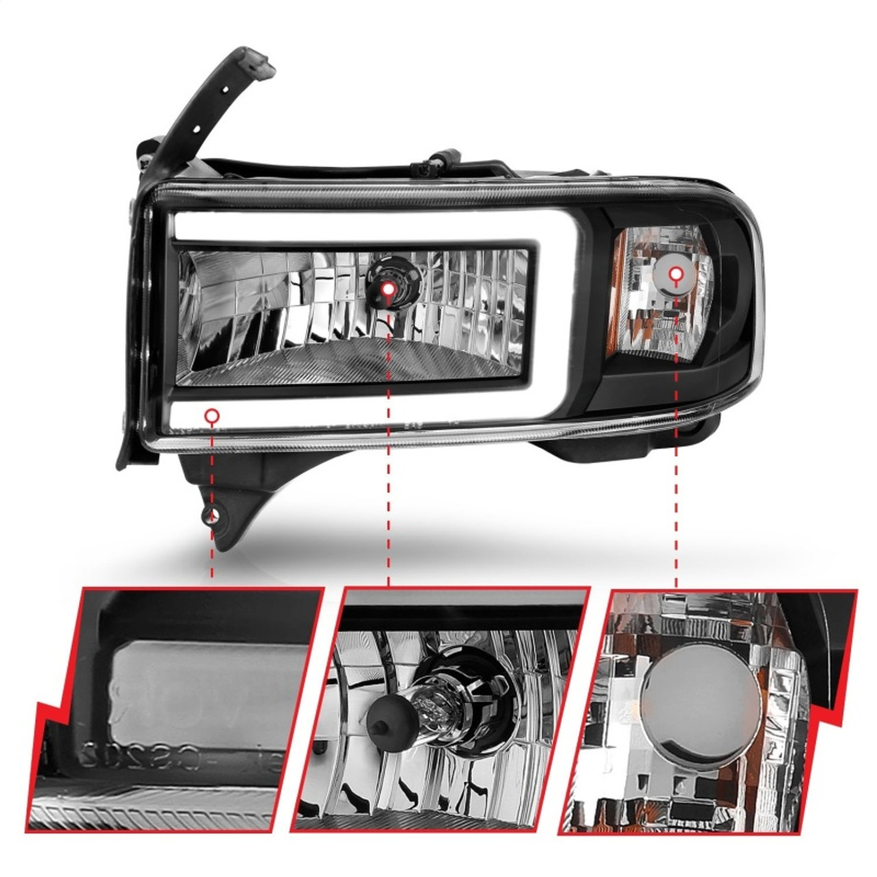 ANZO 94-02 Dodge RAM Crystal Headlight - w/ Light Bar Black Housing - 111554