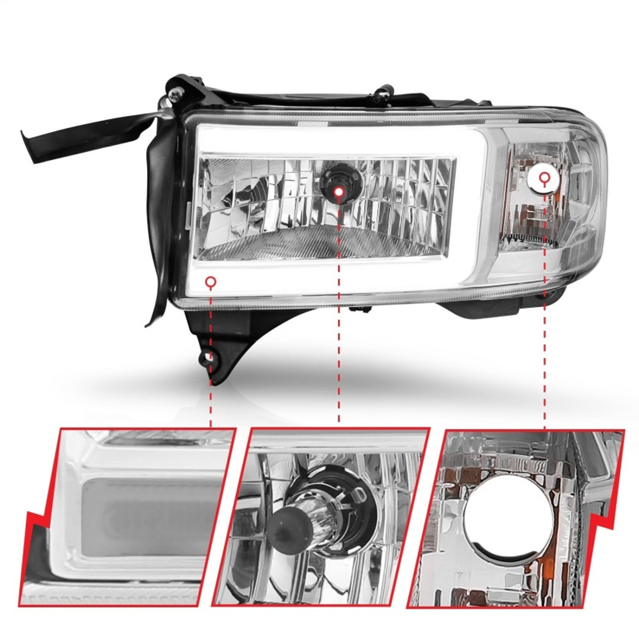 ANZO 94-02 Dodge RAM Crystal Headlight - w/ Light Bar Chrome Housing - 111555