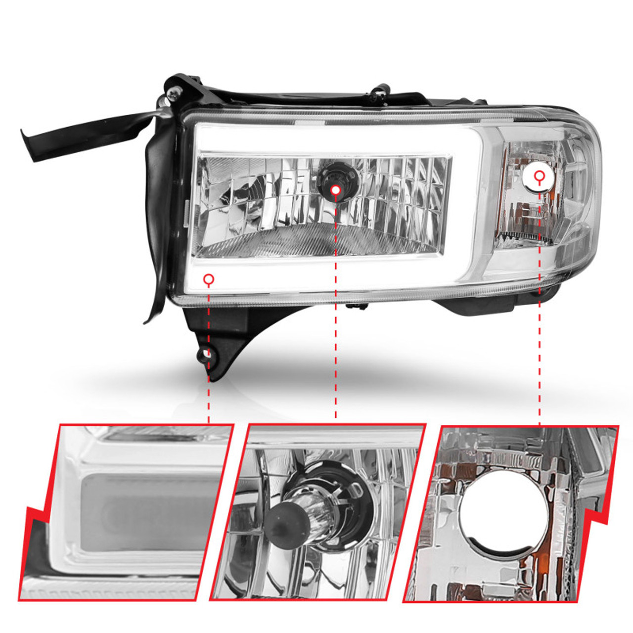 ANZO 94-02 Dodge RAM Crystal Headlight - w/ Light Bar Chrome Housing - 111555