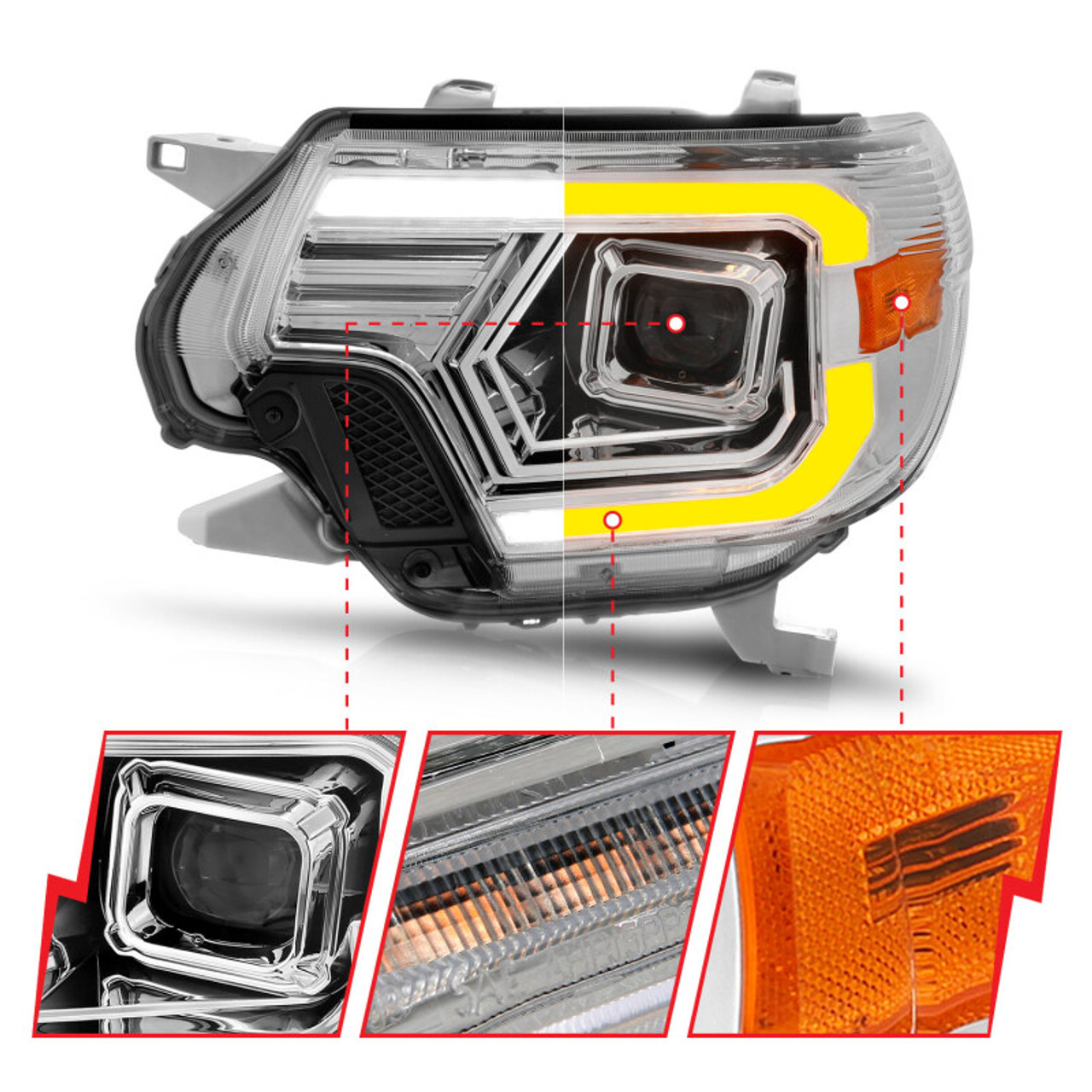 ANZO 12-15 Toyota Tacoma Projector Headlights - w/ Light Bar Switchback Chrome Housing - 111557