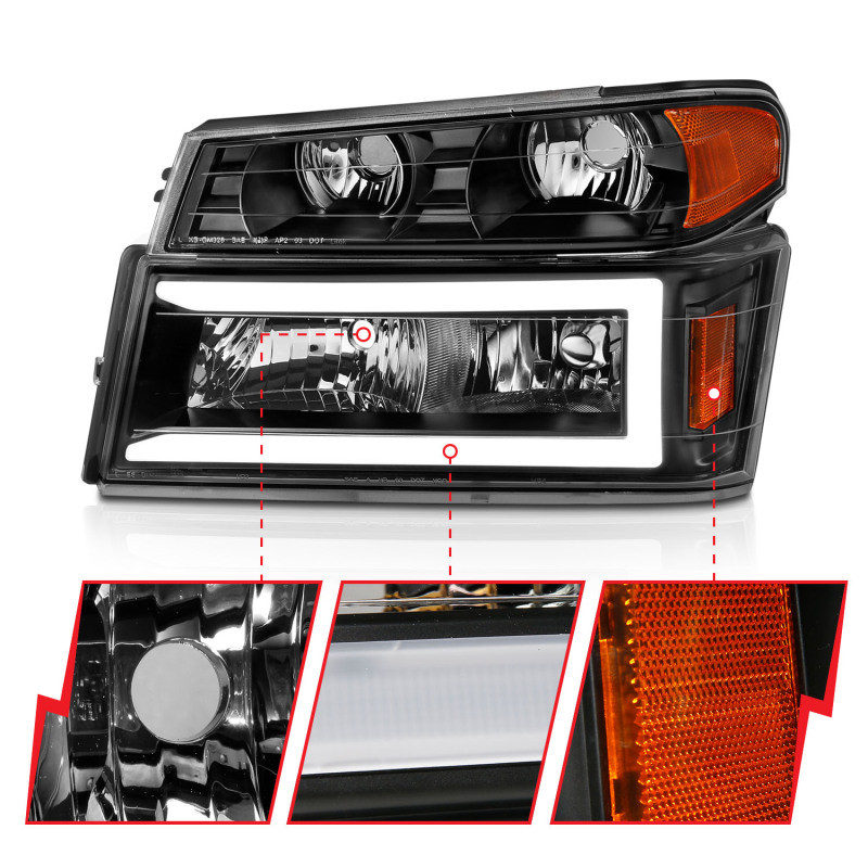 ANZO 04-12 GM Colorado/Canyon/I-Series Crystal Headlights - w/ Light Bar Black Housing 4pcs - 111558