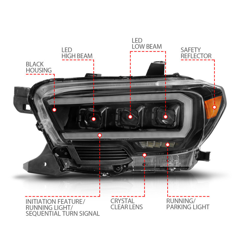 ANZO 16-22 Toyota Tacoma LED Projector Headlights w/ Light Bar Sequential Black Housing w/Initiation - 111563