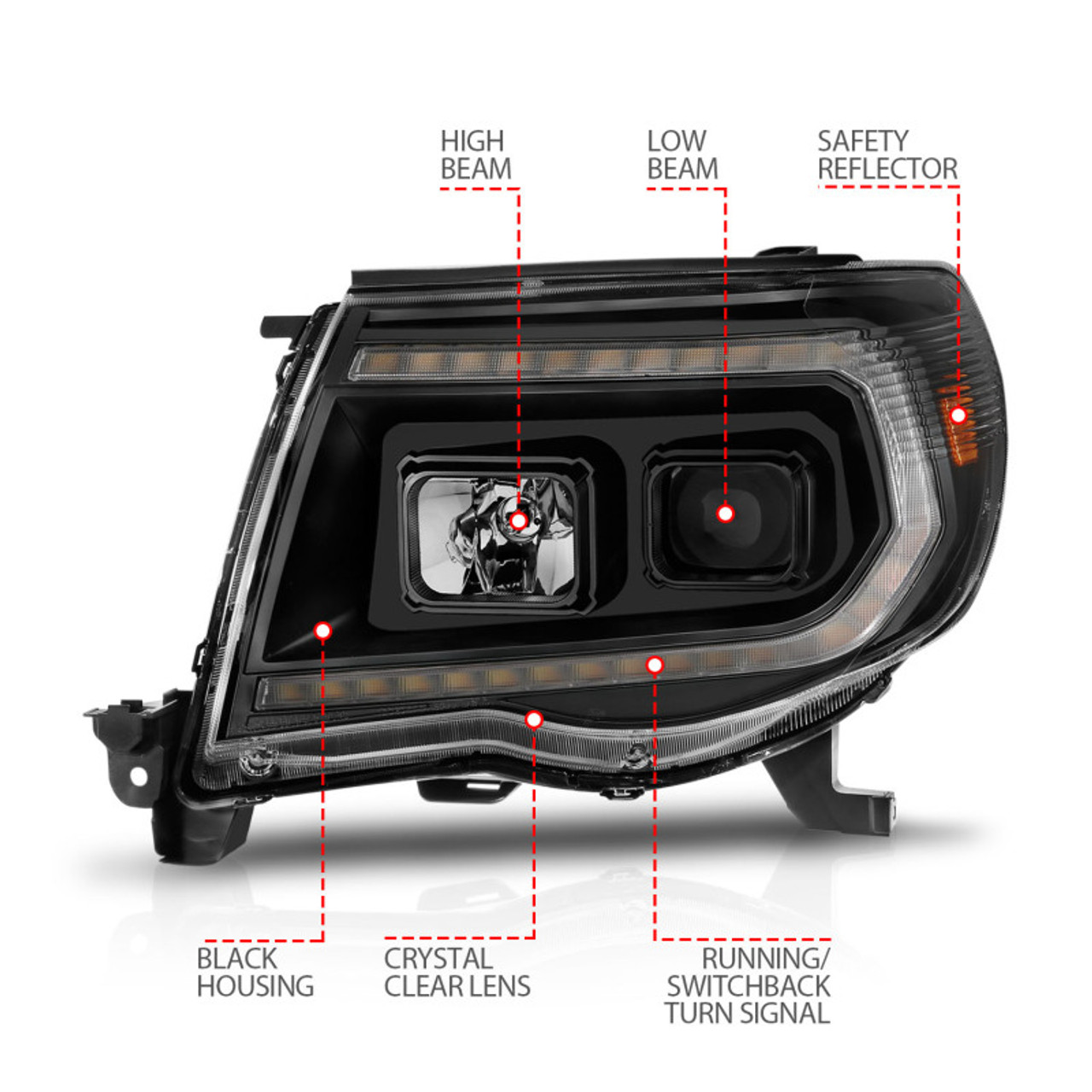 ANZO 05-11 Toyota Tacoma Projector Headlights w/Light Bar Switchback Black Housing - 111564