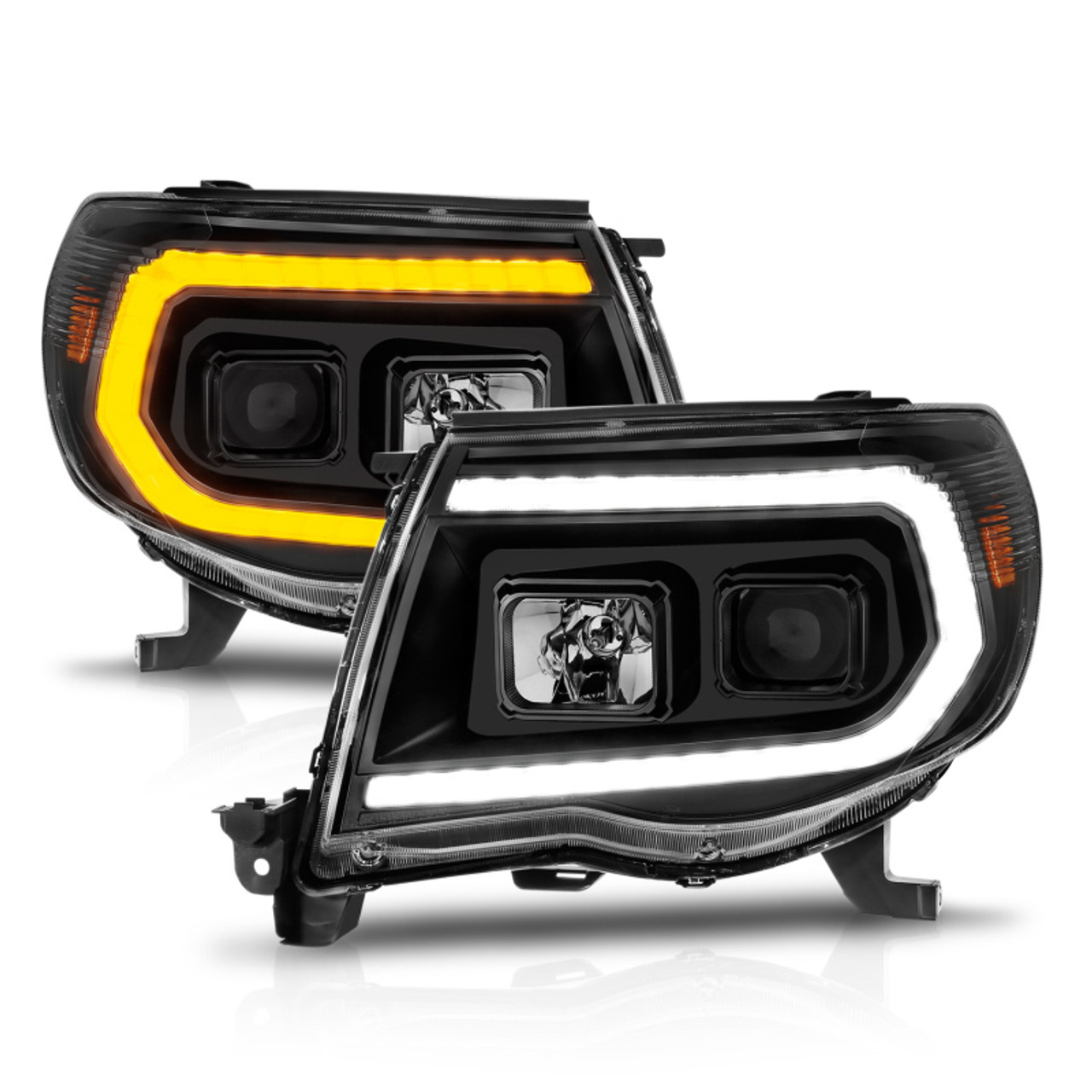 ANZO 05-11 Toyota Tacoma Projector Headlights w/Light Bar Switchback Black Housing - 111564