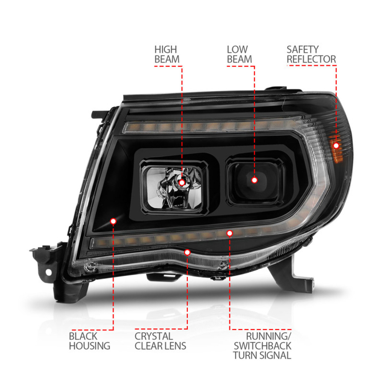 ANZO 05-11 Toyota Tacoma Projector Headlights w/Light Bar Switchback Black Housing - 111564